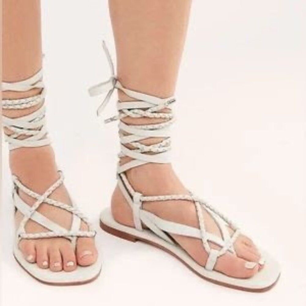 White Lace-Up Braided Gladiator Sandals